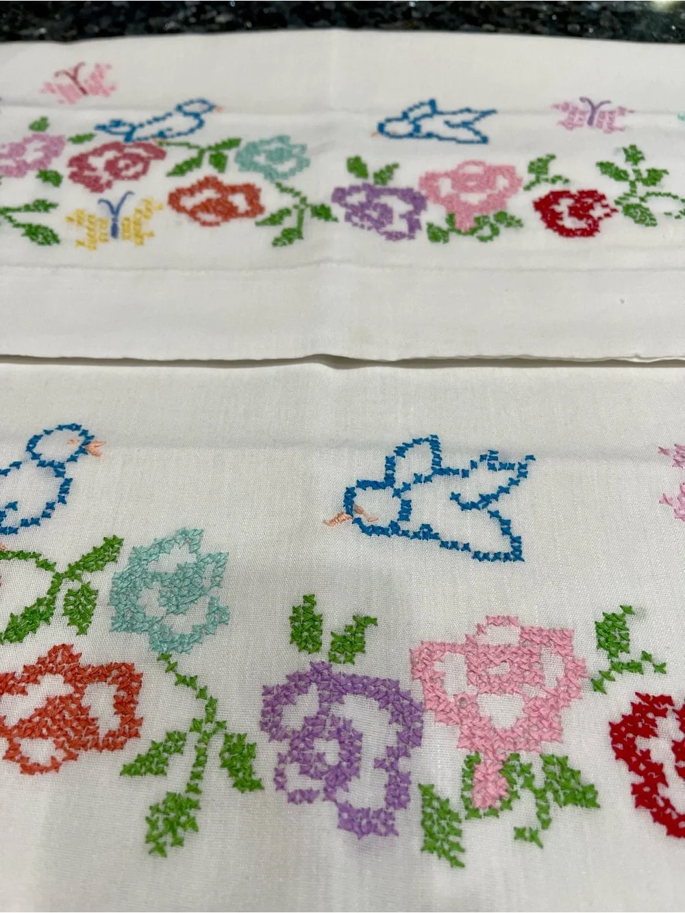 Handmade Needlepoint Floral Bluebird Butterfly Standard Pillowcase Pair